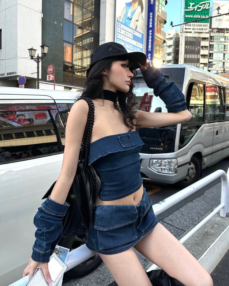 0122stepll Shibuya hottie denim sleeve tube top sexy short skirt suit