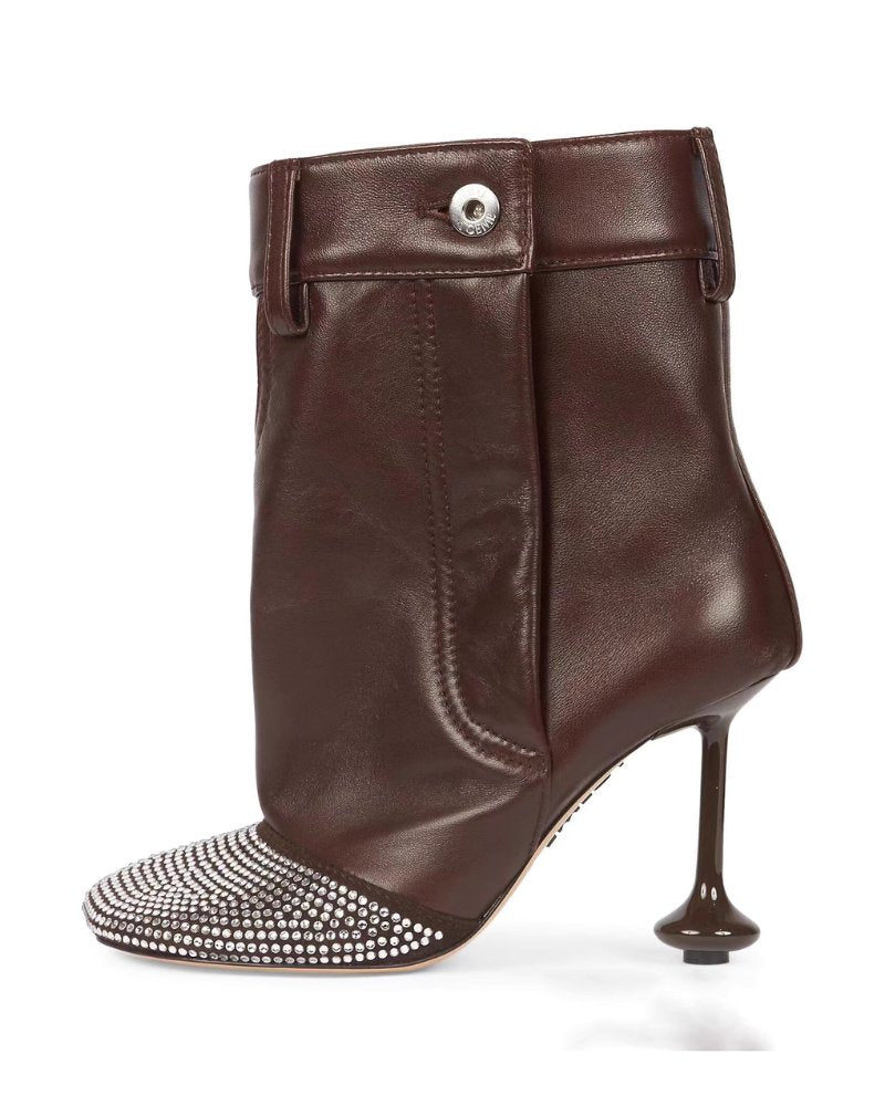 Diamond shaped rhinestones round toe stiletto short brown boots