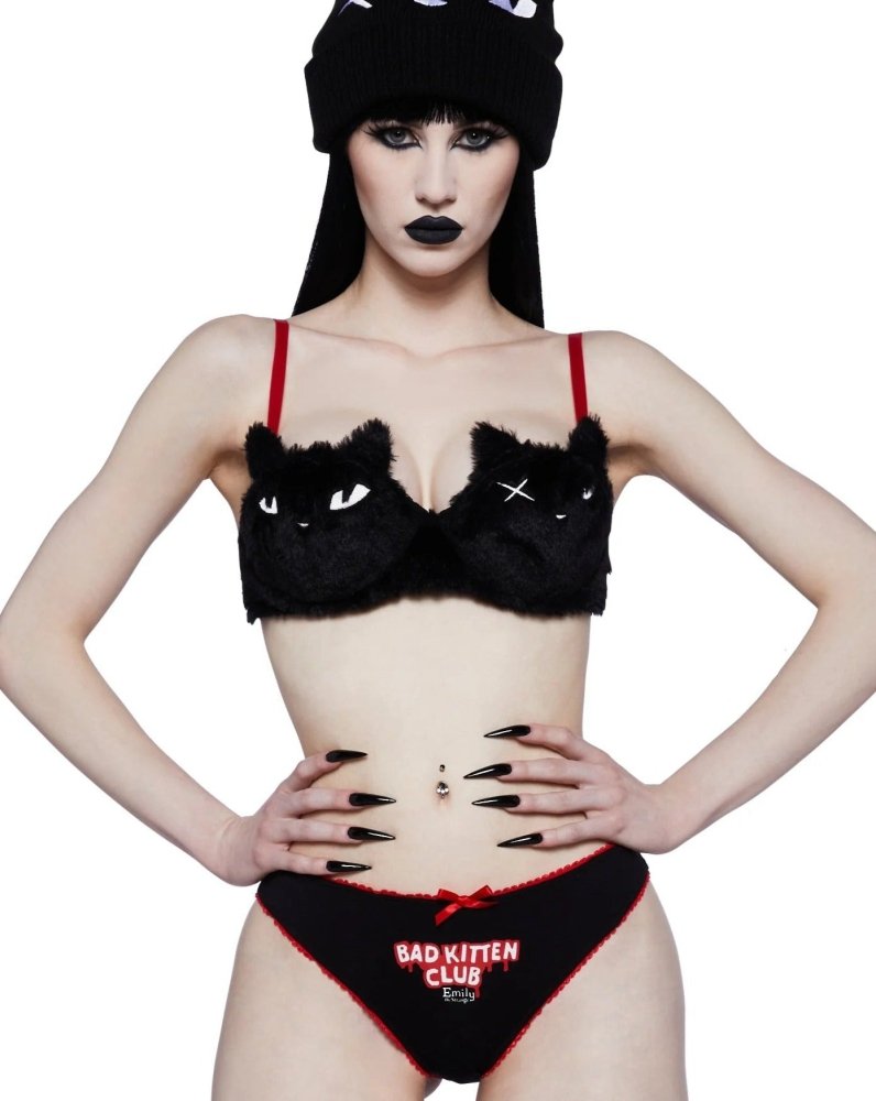 Dollskill black cat cute and playful sweet and spicy plush bra set