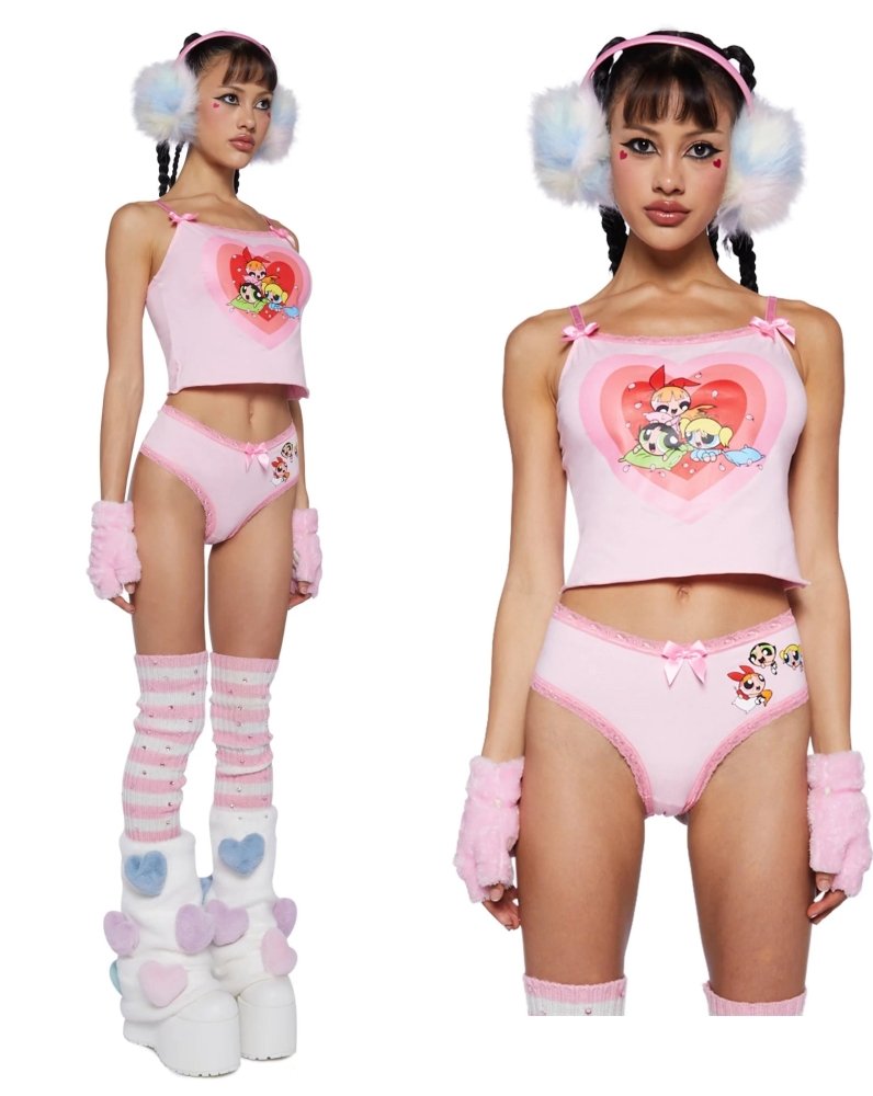 DollsKill Powerpuff Girls Genuine Pink Love Lace Suspender Pajama Set