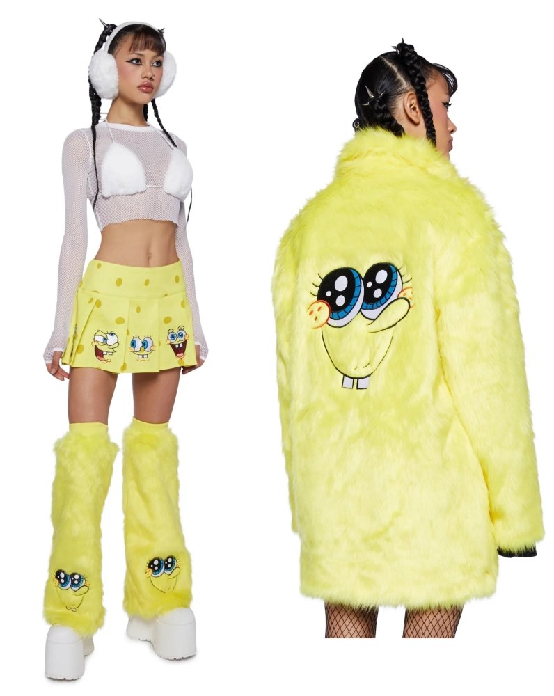 Dollskill SpongeBob yellow plush coat leg covers pleated skirt outfit