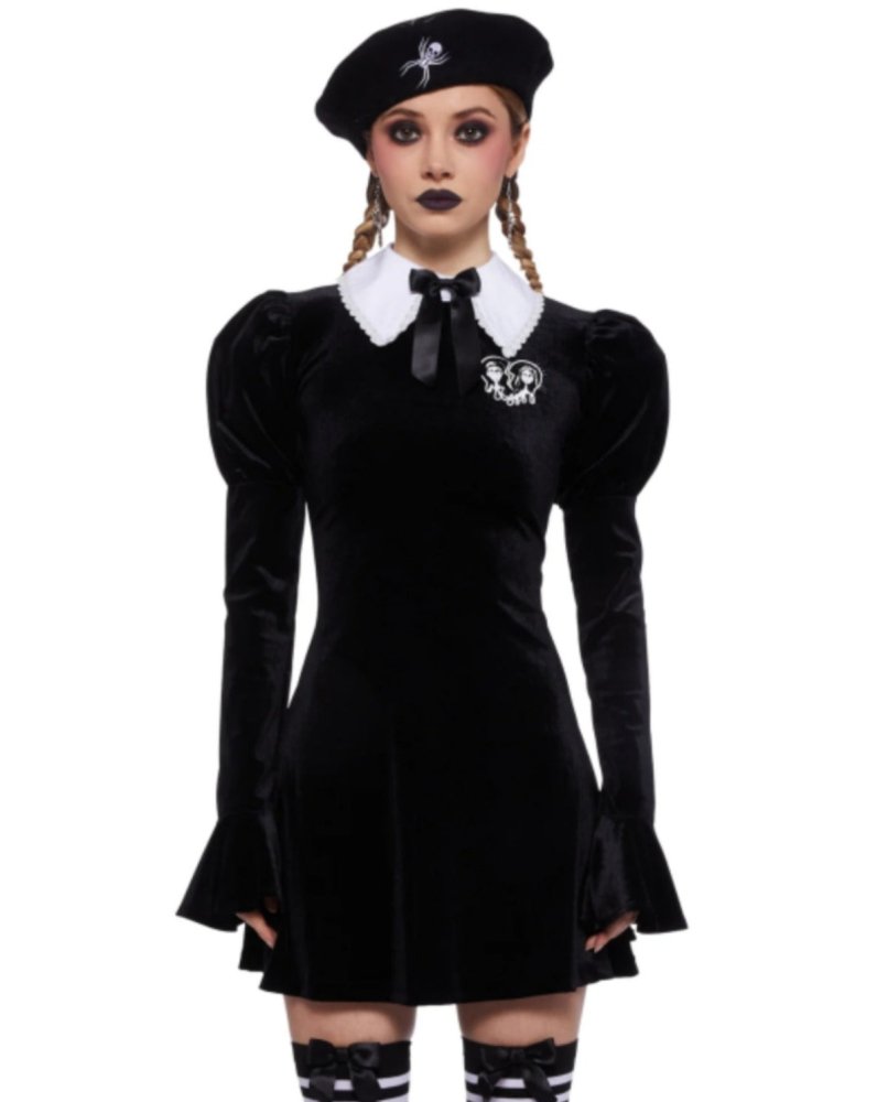 DollsKill zombie brid black velvet trumpet sleeve lapel goth dress