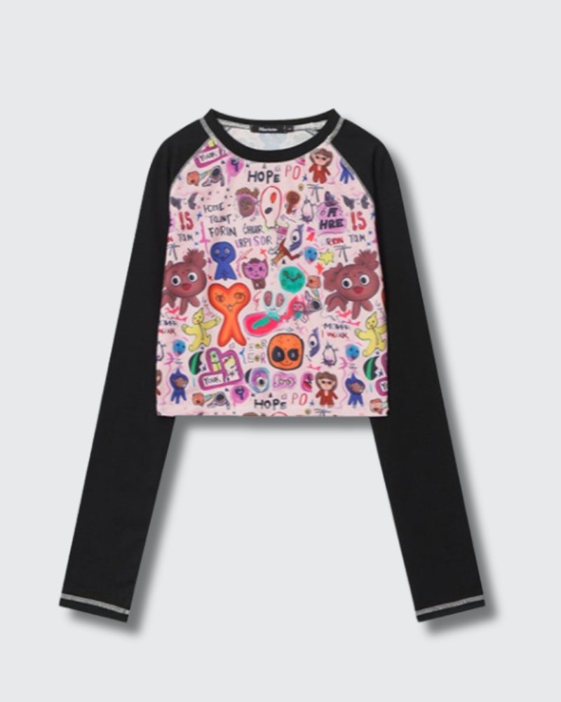 Female Cartoon Graffiti Black and Pink long-sleeved Short T-shirt