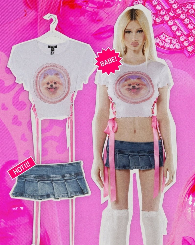 GenerationKiss Pomeranian Barbie ribbon short Top & denim mini skirt