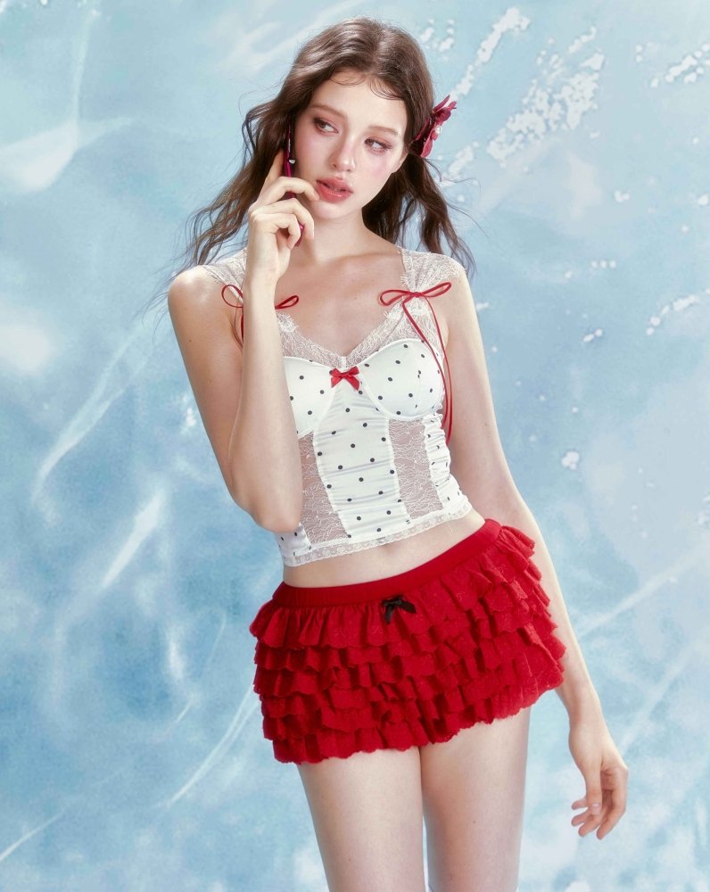 HoorayAww Red Lace Polka Dot sweet sexy Suspender Tutu Skirt Suit