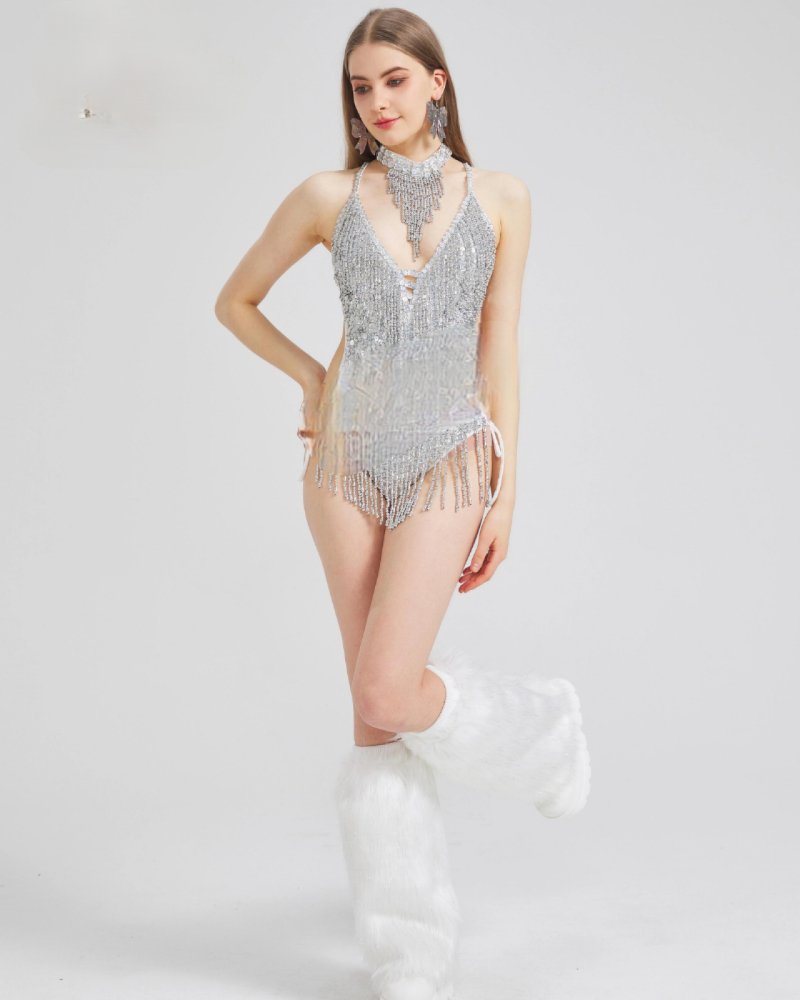 IEDM electronic music starry sky silver glitter fashion tassel jumpsuit