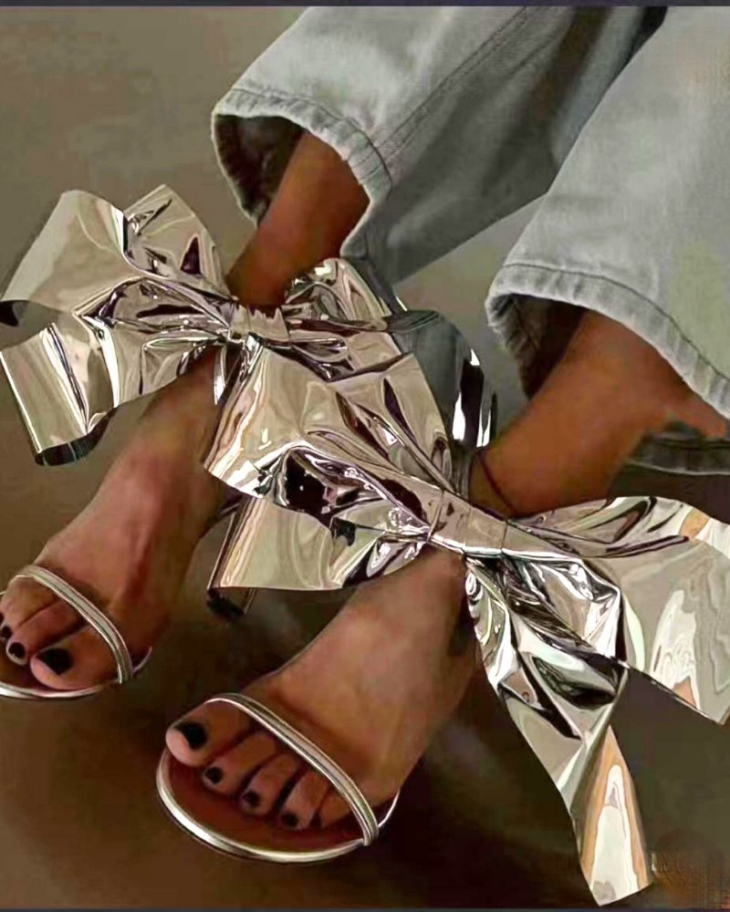 Paris Runway Silver Oversized Bow High Heels Sandals