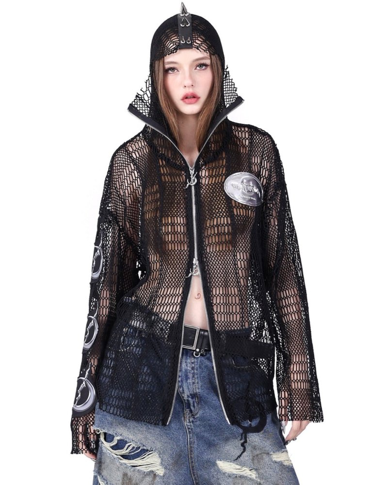 PINKSPINK electric moon rock rivet hooded mesh patch Y2k Jacket