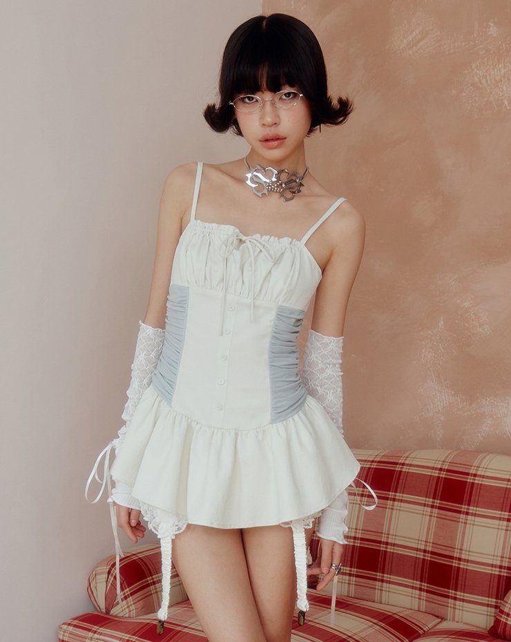 SEICARINO pleated mesh suspender dress with two sides stitching suit