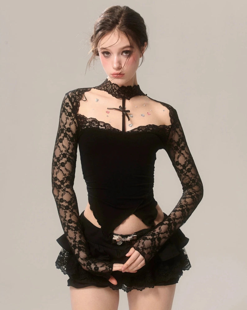 Shaoyeyan black lace halter neck off-shoulder long-sleeved T-shirt