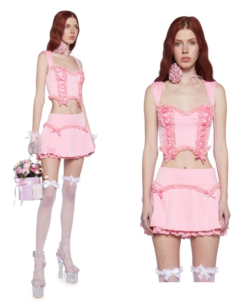 Sugar Thrillz pink lace bow suspender bra pleated sweet & spicy suit