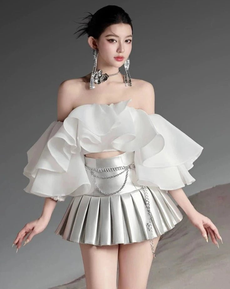 Vietnamese fashion ruffle sexy Tube top & mini silver skirt