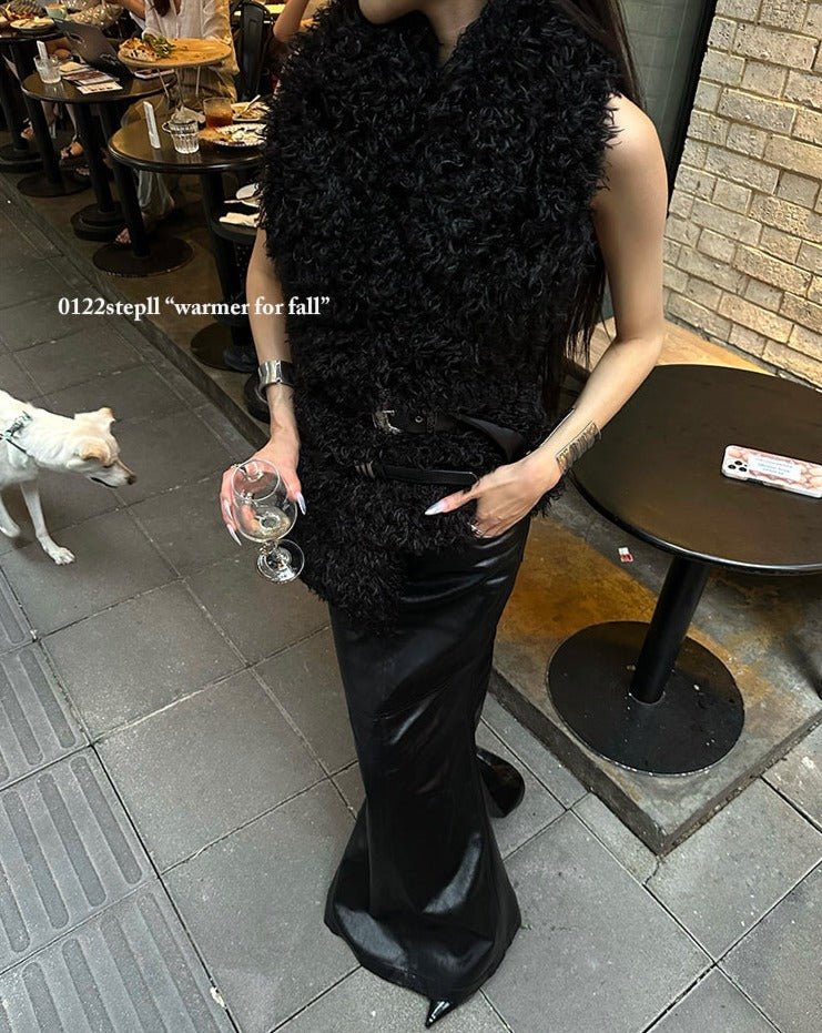 0122stepll Black PU leather hip-wrapped fishtail floor-length skirt