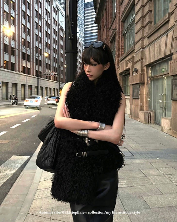 0122stepll off-shoulder curly black imitation fur vest for women