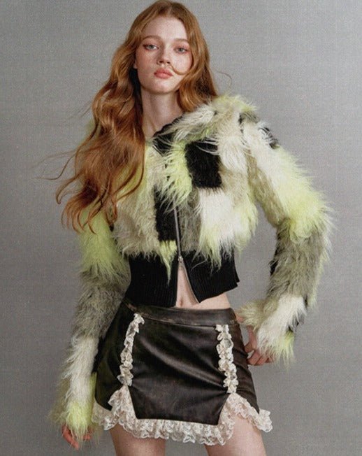 1P STUDIO black and green contrasting lapel furry short coat