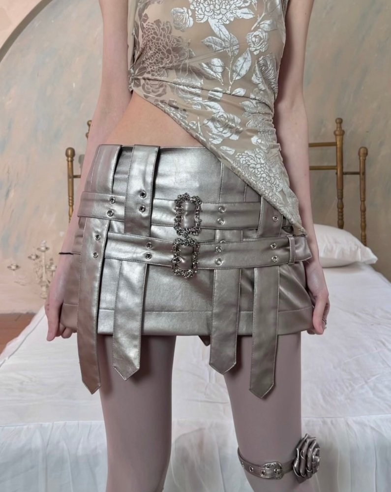 Bloomnana original retro hot silver-gray low-waist leather skirt