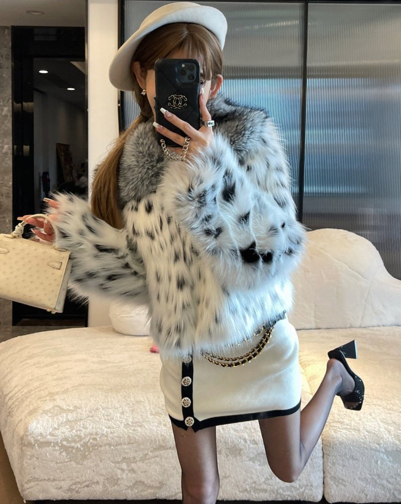 ChiclyNana imitation fox fur bobcat leopard print short fur coat