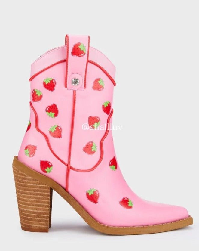 cute strawberry print side zipper chunky high-heeled short boots