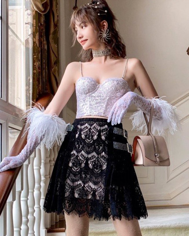 Designer YOUUNIQUE embellished buckle lace skirt