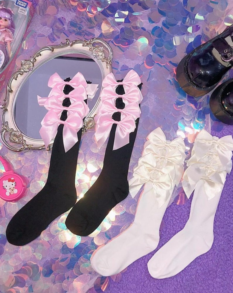 Lolita bow-knot hollow ear-edge mid-calf socks