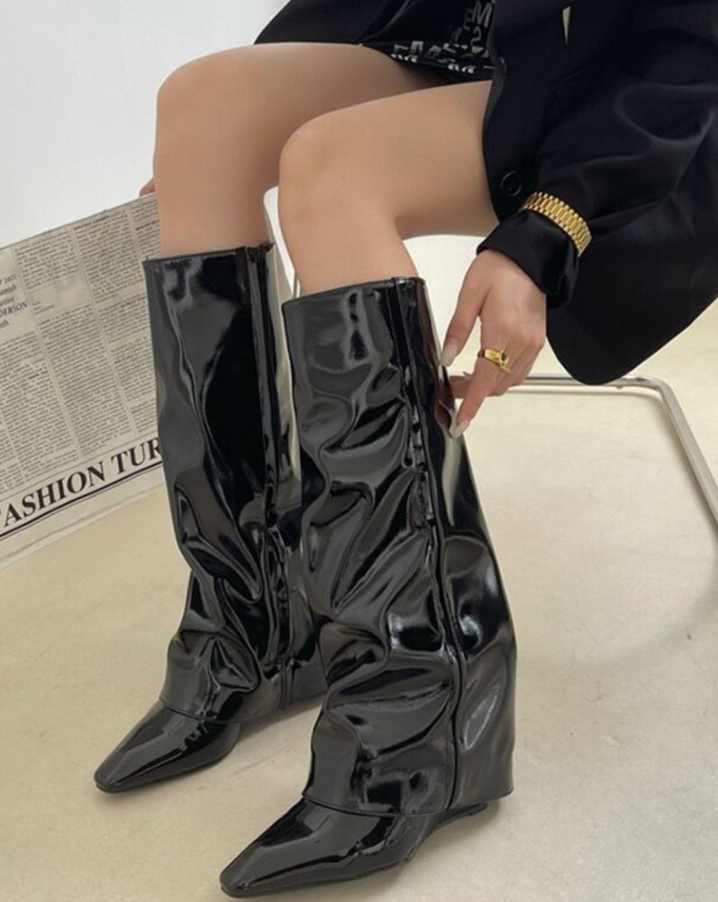 Luxury Shiny Leather high-heeled pointed toe boots