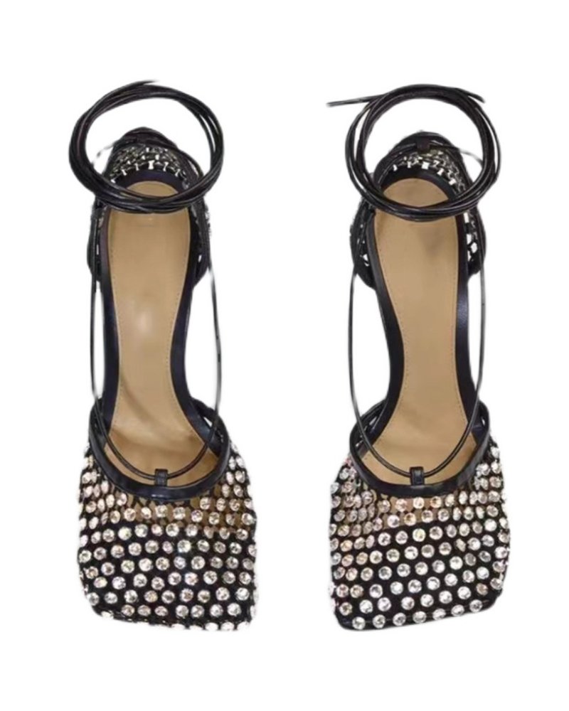 MX2022 summer European and American sexy square head rhinestone mesh hollow high heels stiletto ankle strap sandals women