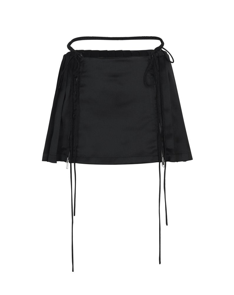 Nodress Premium Black satin slit waist tie pleated miniskirt