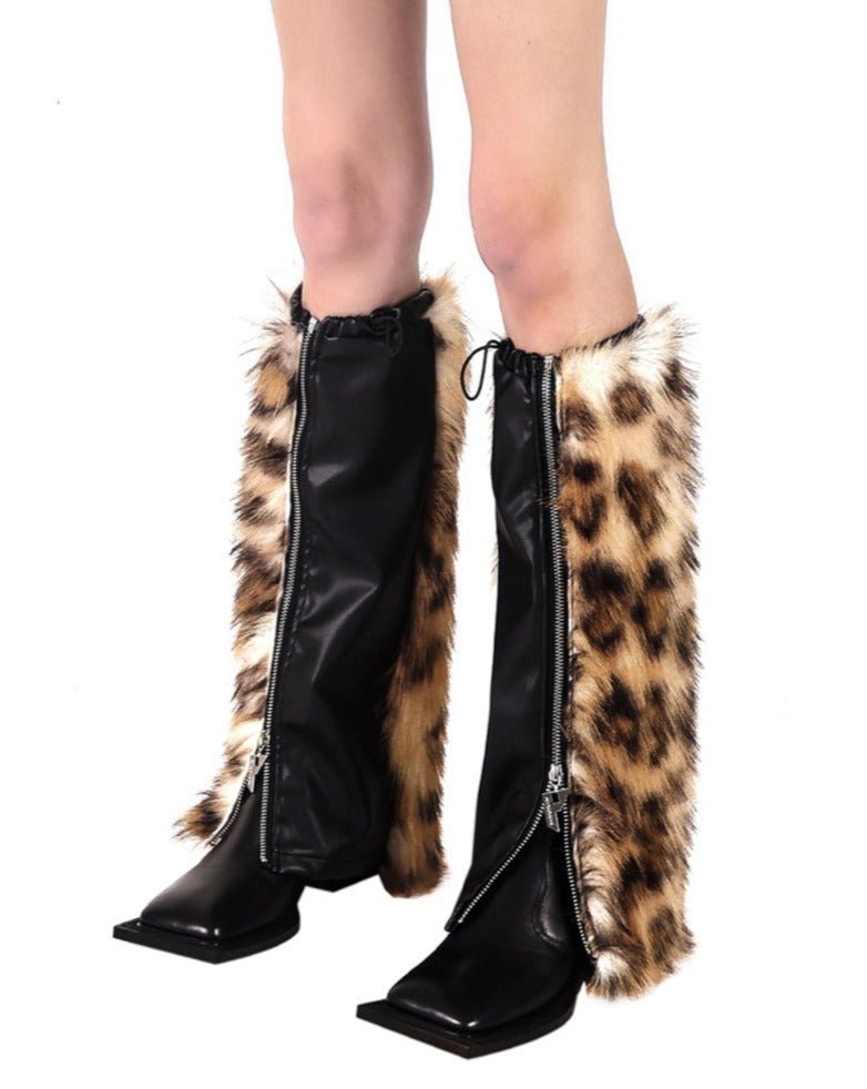 PINKSPINK fur leg warmers with zipper and furry splicing leopard print