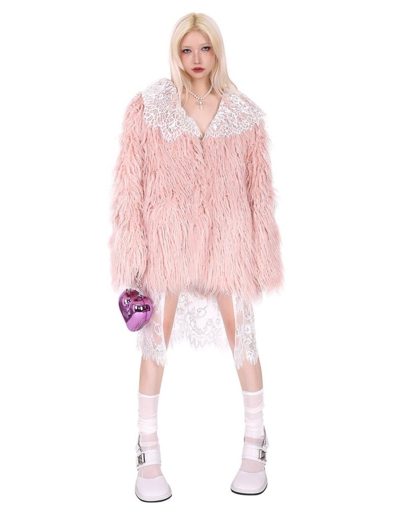 PINKSPINK lace detachable lapel pink & blue fur warm loose jacket