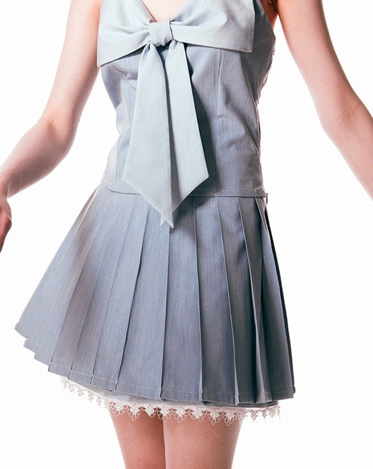 SENSELF original design Retro denim blue pleated skirt