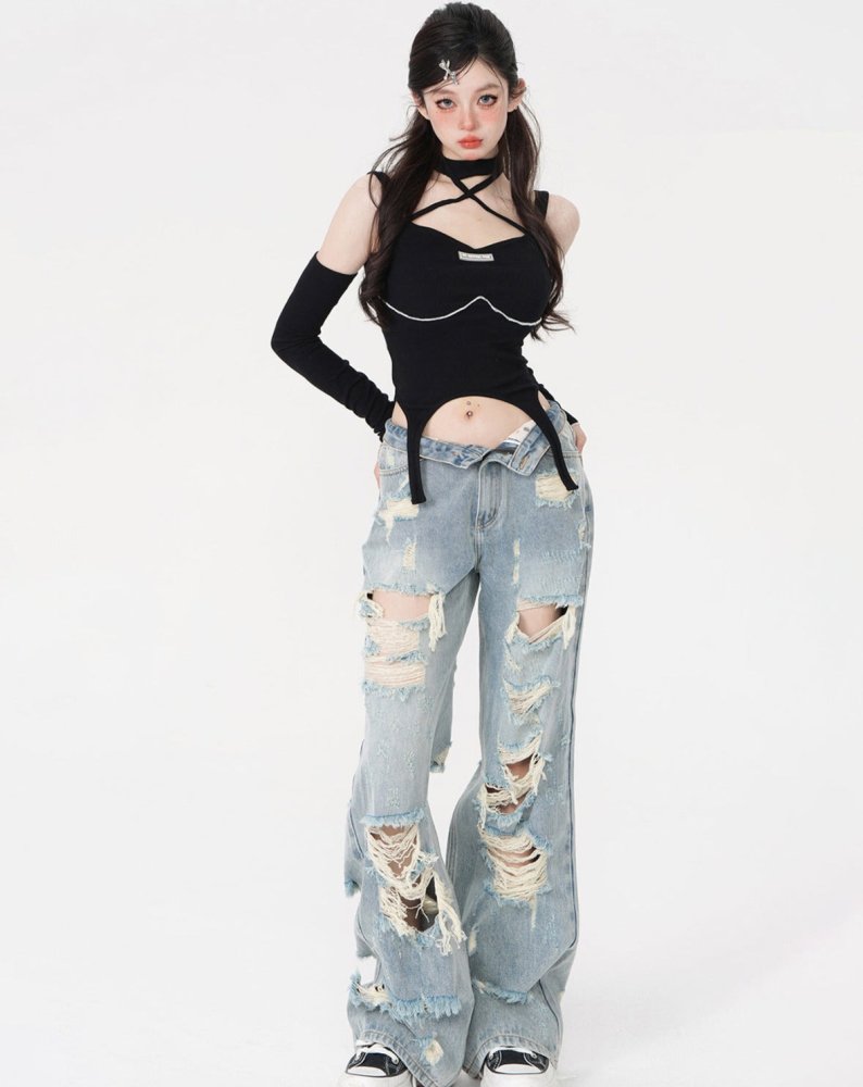 Shaoyeyan high-end loose light blue drape ripped jeans