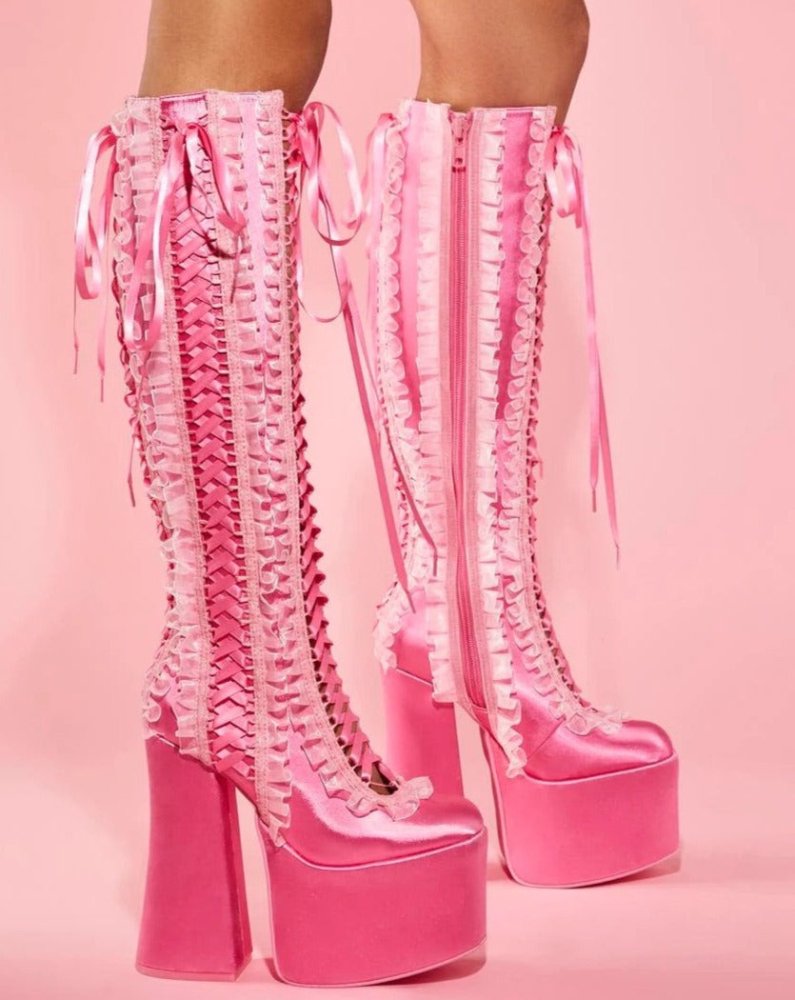 Sugra Thrillz Lolita lace strap satin Barbie pink mid-calf boots