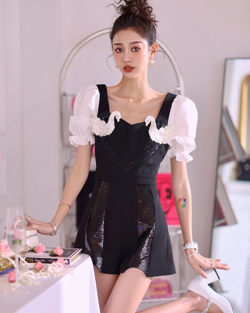 Sun Yuer's Korean 3D layered Swan sequin luxury jumpsuit