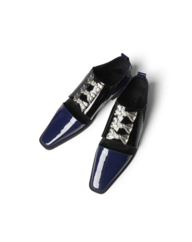 SUPERR Black Blue long square toe flat leather shoes