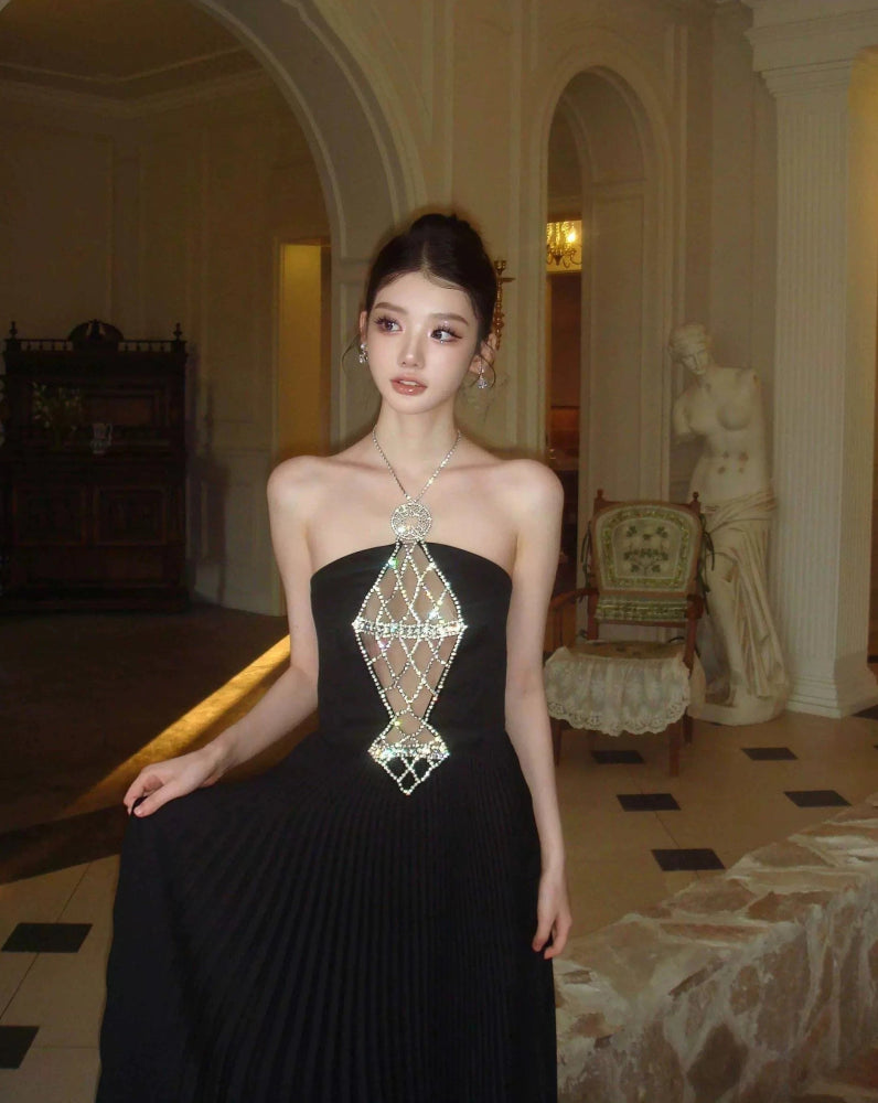 Vietnamese style luxury hollow chest halter neck long Black Dress