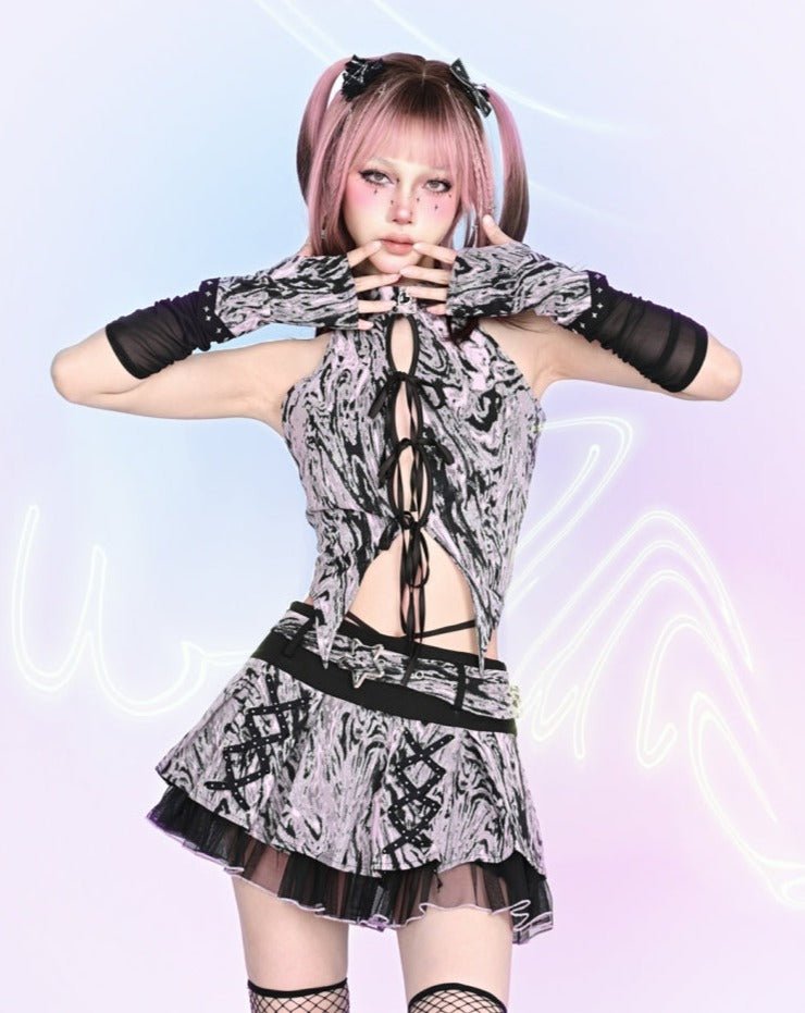 Virtual Orbit heart series y2k low waist A-line pleated miniskirt