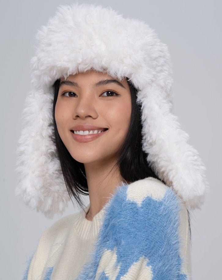 White Fashion Warm Wool Roll Hat With Ear Protection