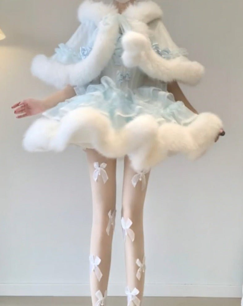 Winter velvet cape jacket + suspender tutu skirt 2 piece Dress