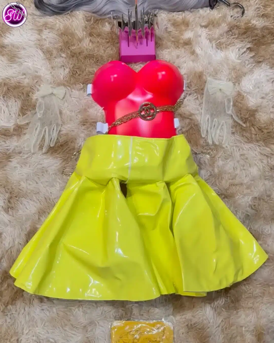 Pink corset yellow skirt party outfit with accessories